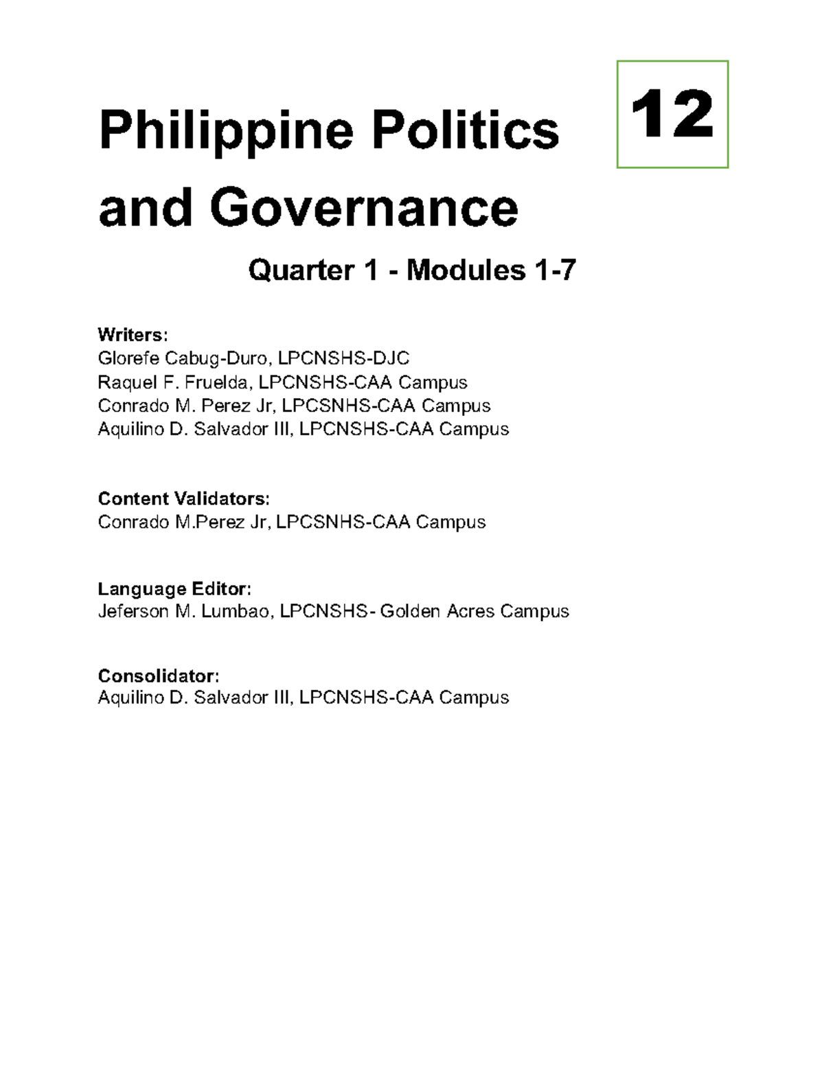 Polgov Quarter 1 Modules Weeks 1 7 1 - Philippine Politics and ...