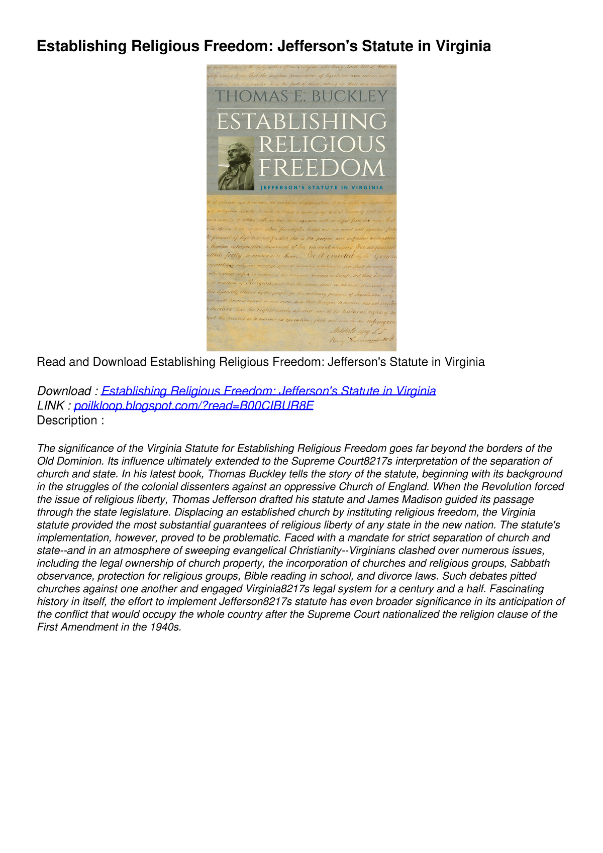 [PDF] DOWNLOAD FREE Establishing Religious Freedom: Jefferson's Statute ...