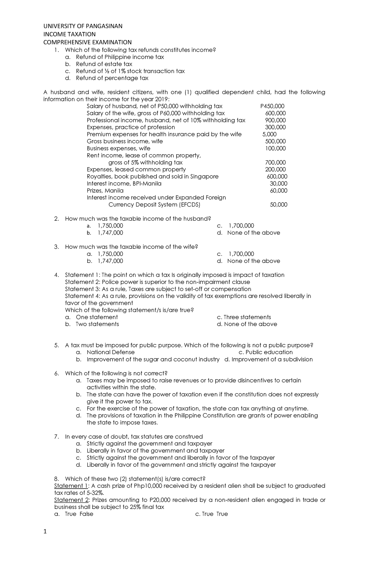 Comprehensive Examination TAXATION COMPREHENSIVE EXAMINATION ...