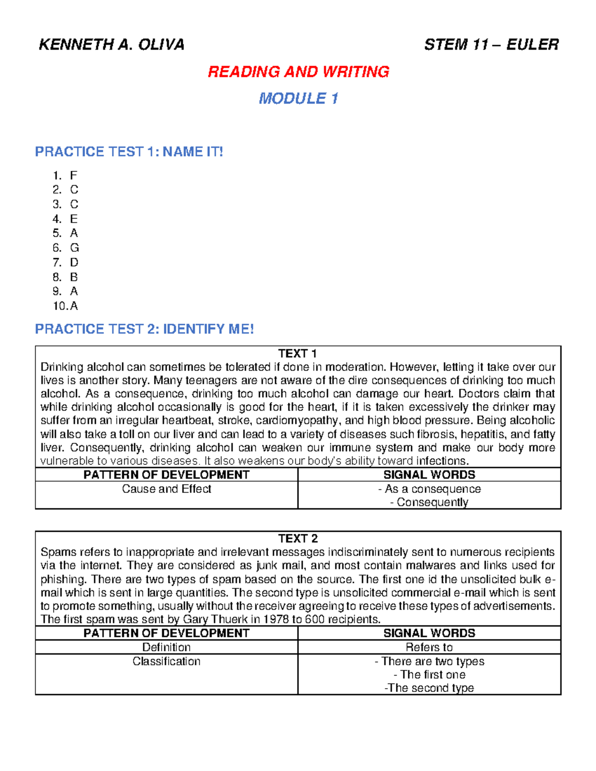 Reading AND Writing M1 A. OLIVA STEM 11 EULER READING AND