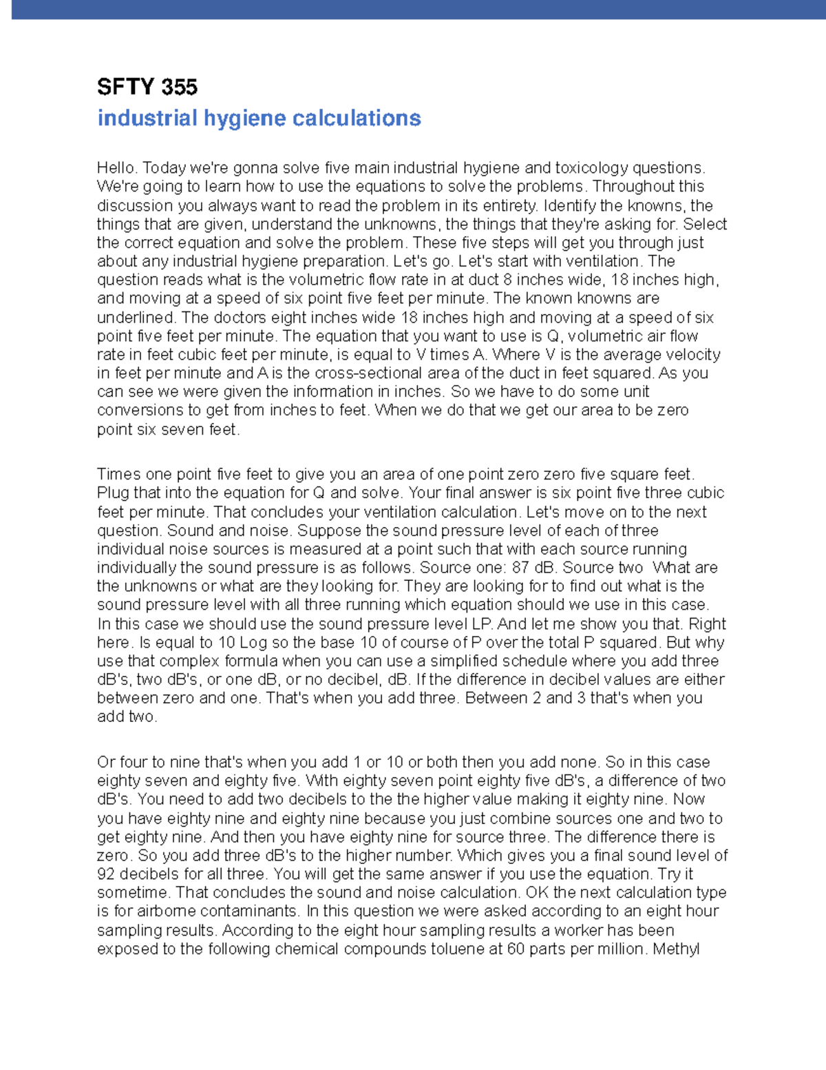 Industrial hygiene calculations SFTY 355 industrial hygiene