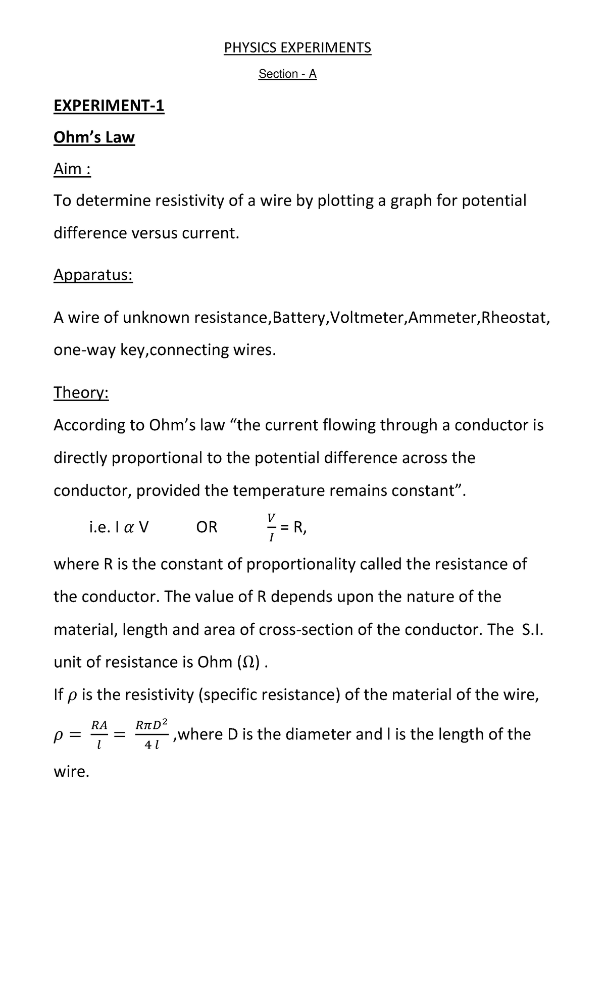 Experiments - EXPERIMENT- Ohm’s Law Aim : To determine resistivity of a ...