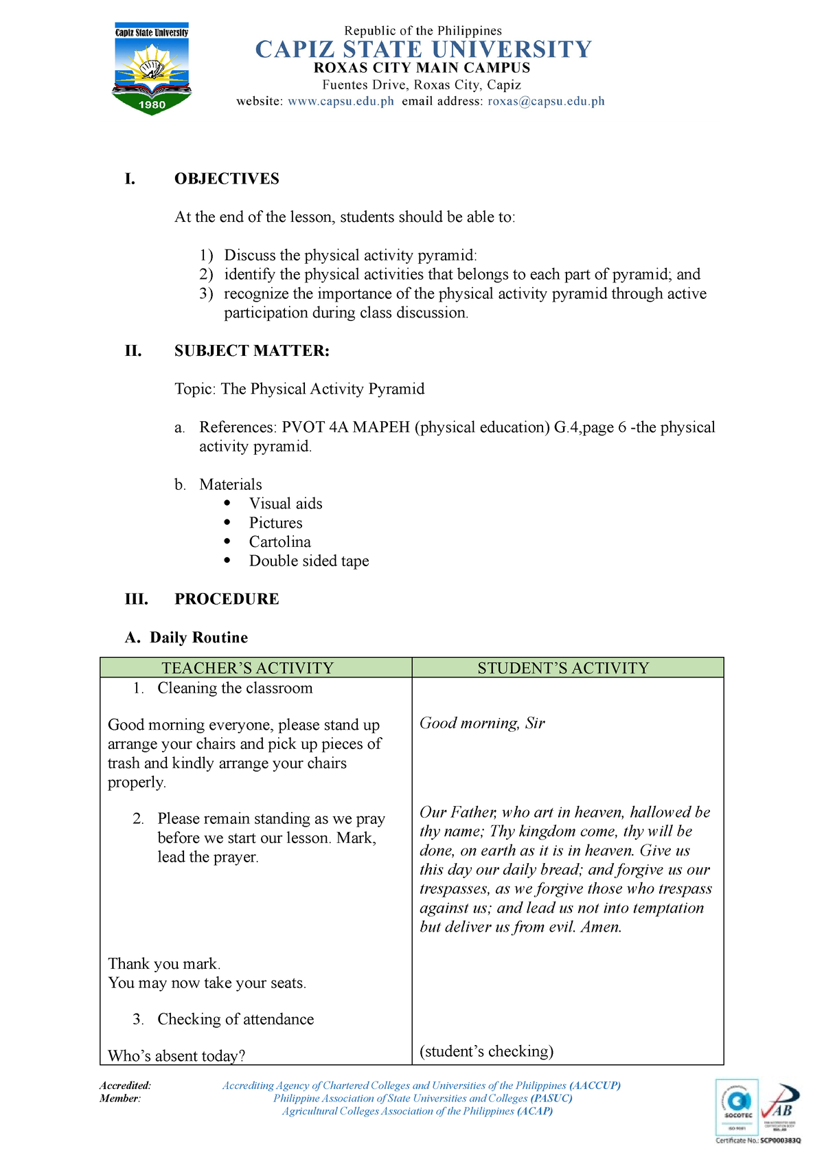 Physical Activity Pyramid - I. Objectives At The End Of The Lesson 