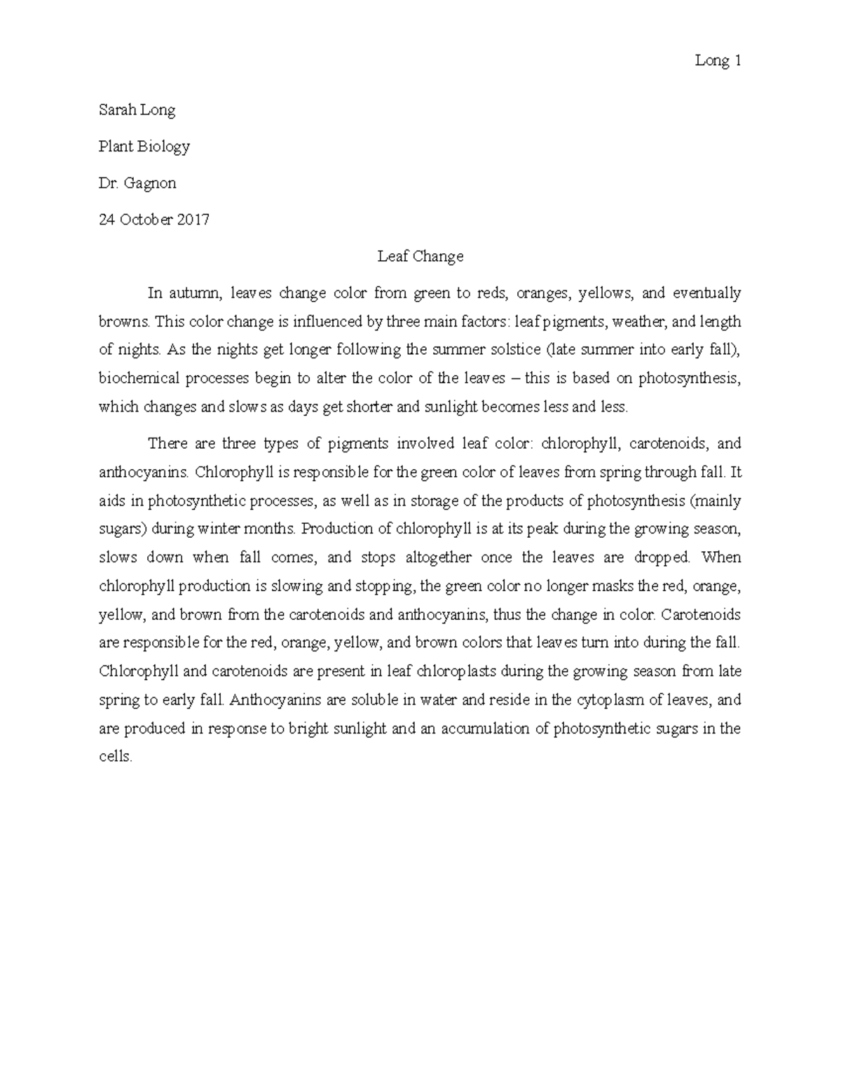 Plant bio leaf worksheet - Long 1 Sarah Long Plant Biology Dr. Gagnon ...