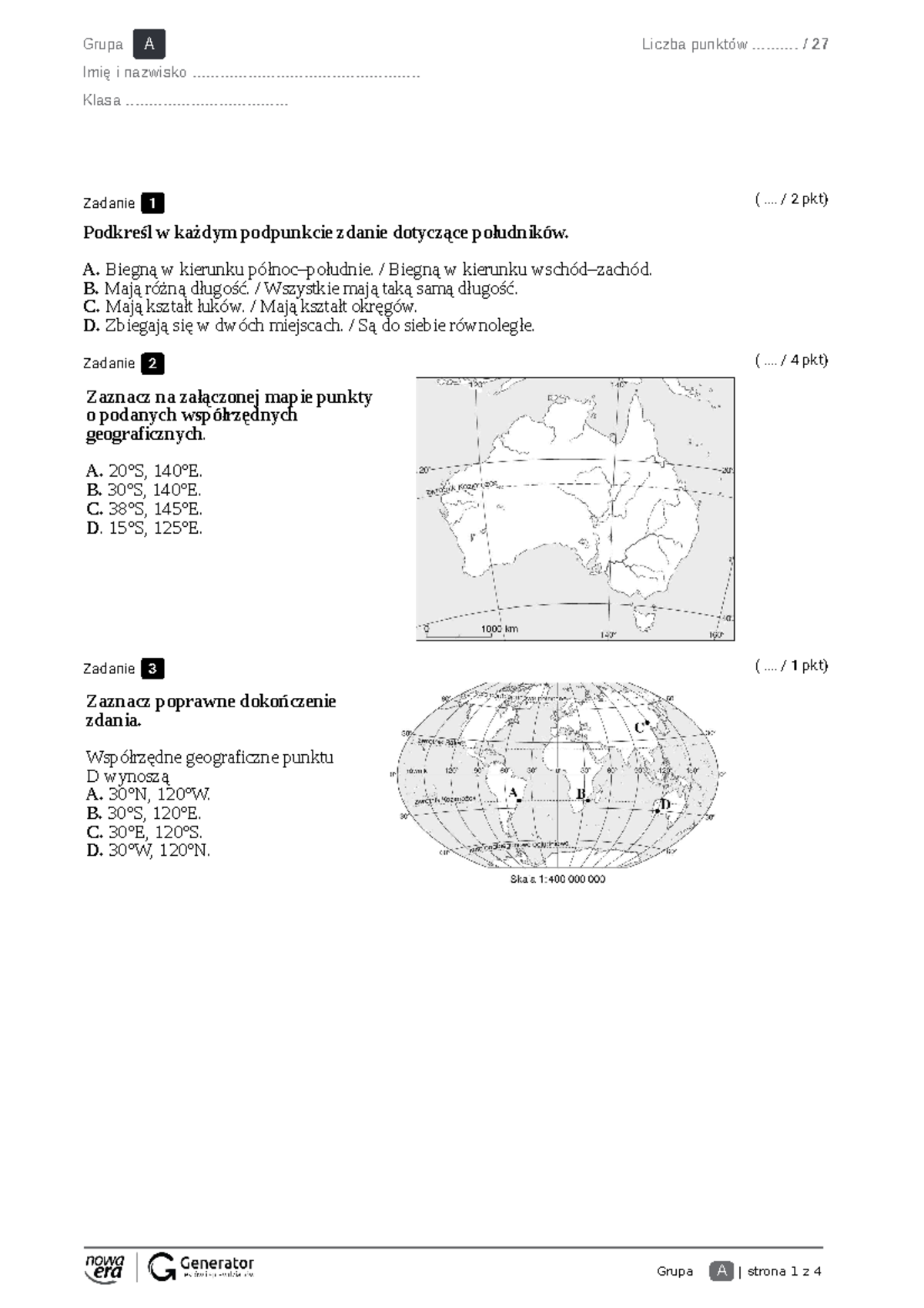 1. wspolrzedne geograficzne wszystkie Test - Grupa A | strona 1 z 4