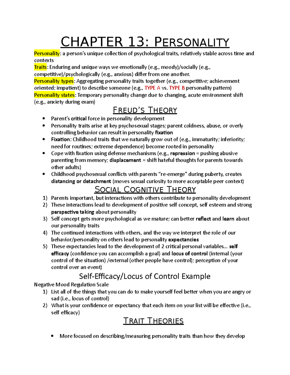 Psych Exam 3 Notes - CHAPTER 13: PERSONALITY Personality: a unique ...