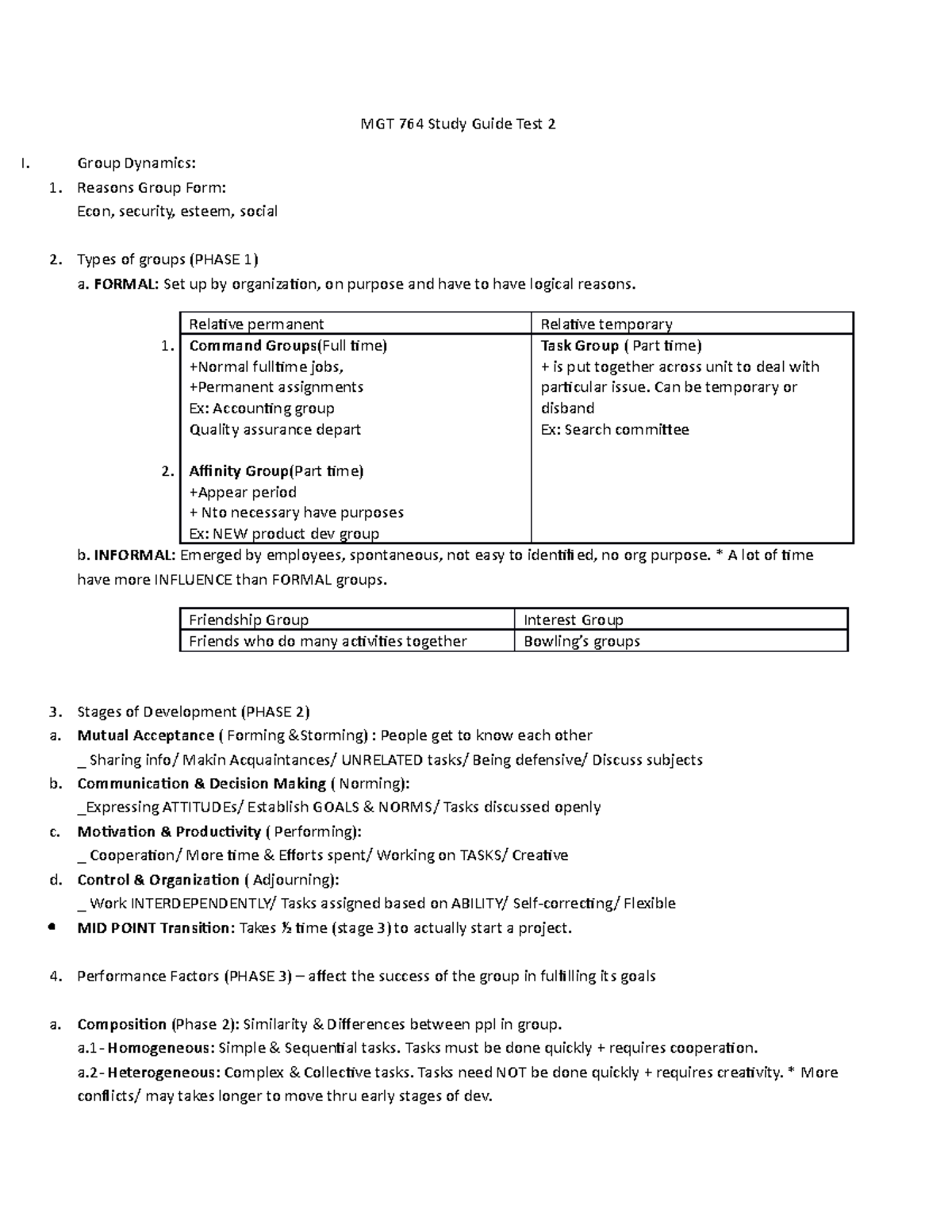 MGT 764 Test 2 Study Guidmain - MGT 764 Study Guide Test 2 I. Group ...