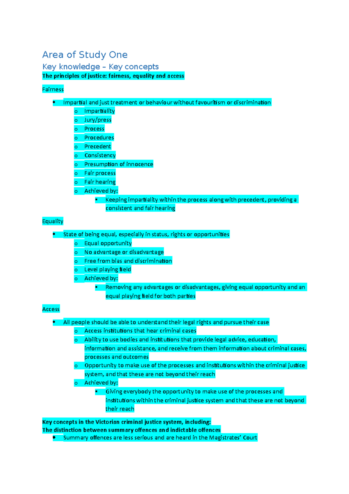 Legal Studies Unit 3 Area of Study 1 VCE Notes - Area of Study One Key ...