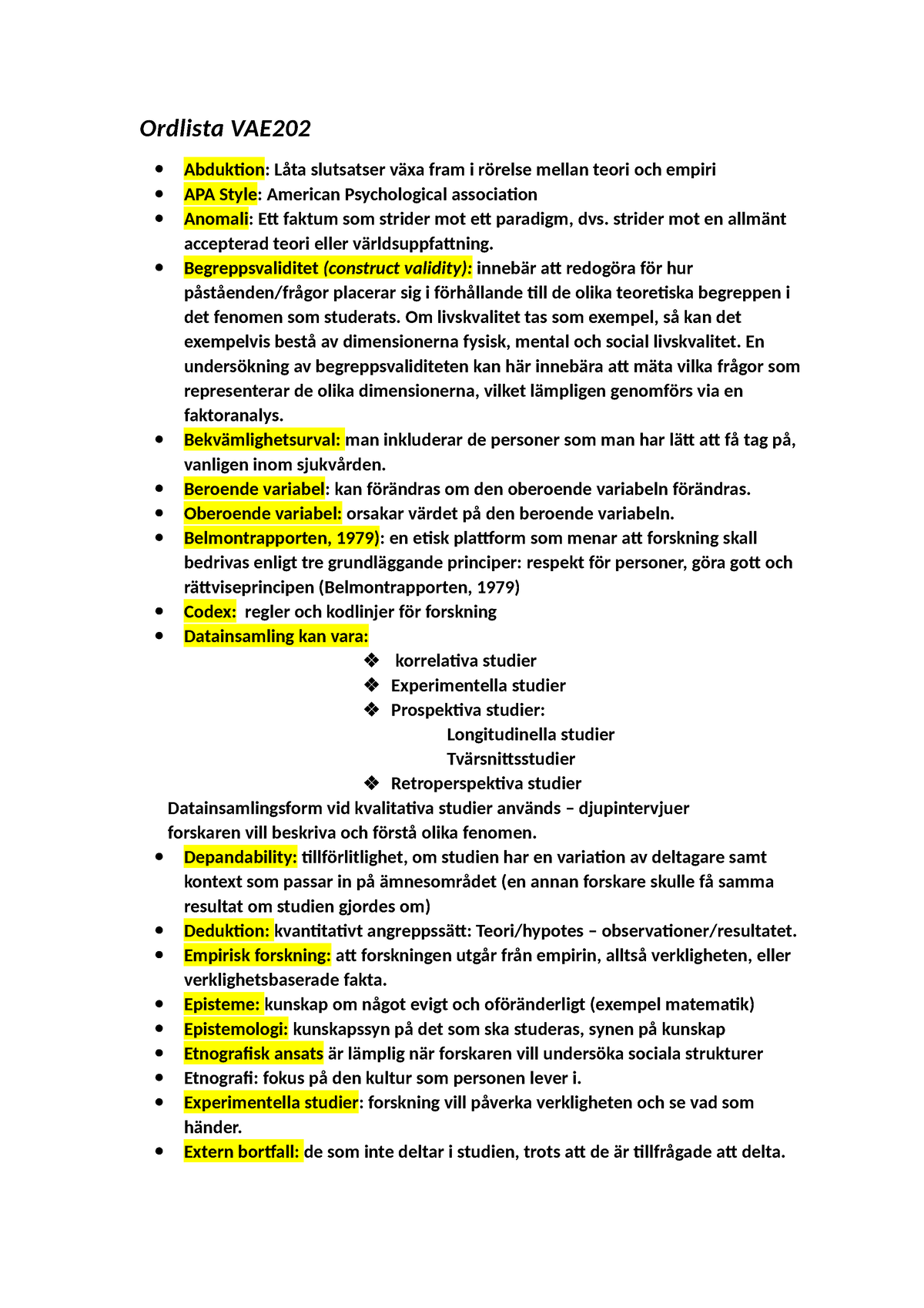 Ordlista VAE202 - Sammanfattning Vetenskaplig Teori Och Metod ...