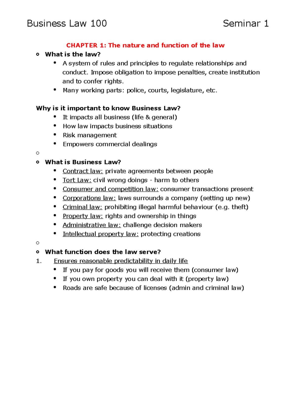 Lecture Notes, Very Comprehensive Lecture Notes - Business Law 100 ...