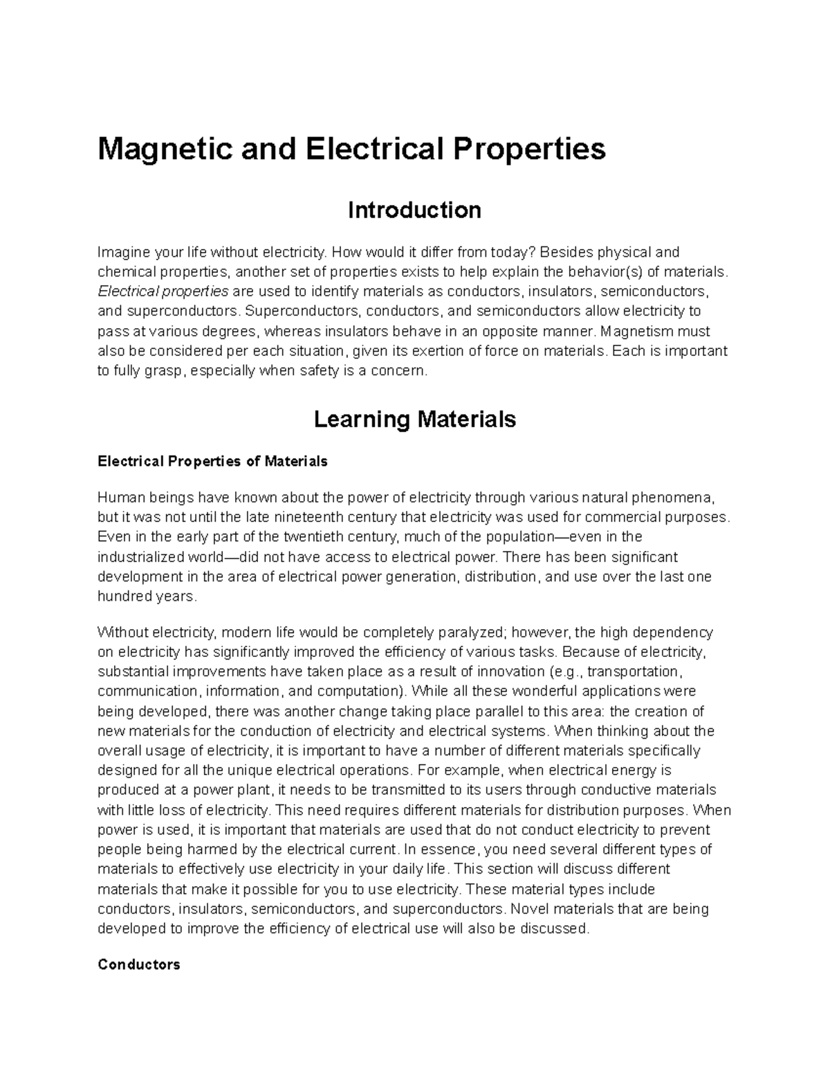 and Electrical Properties and Electrical Properties