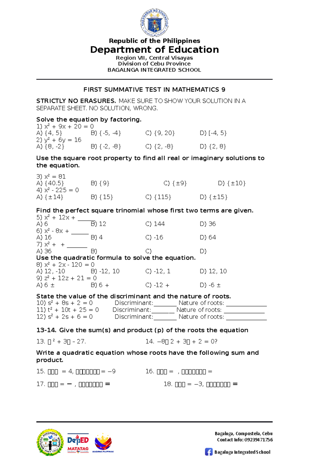First Summative TEST IN MATH 9 - Republic of the Philippines Department ...
