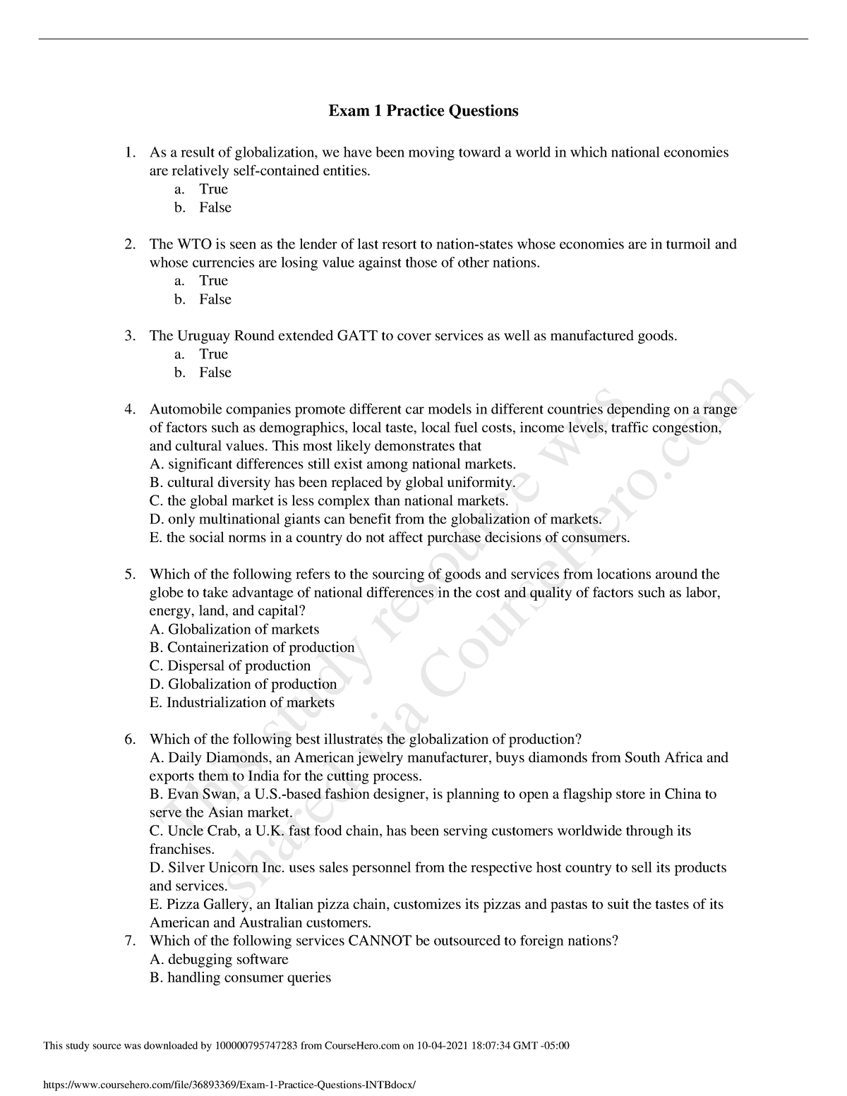 Exam 1 Practice Questions INTB - INTB 6201 - NU - Studocu