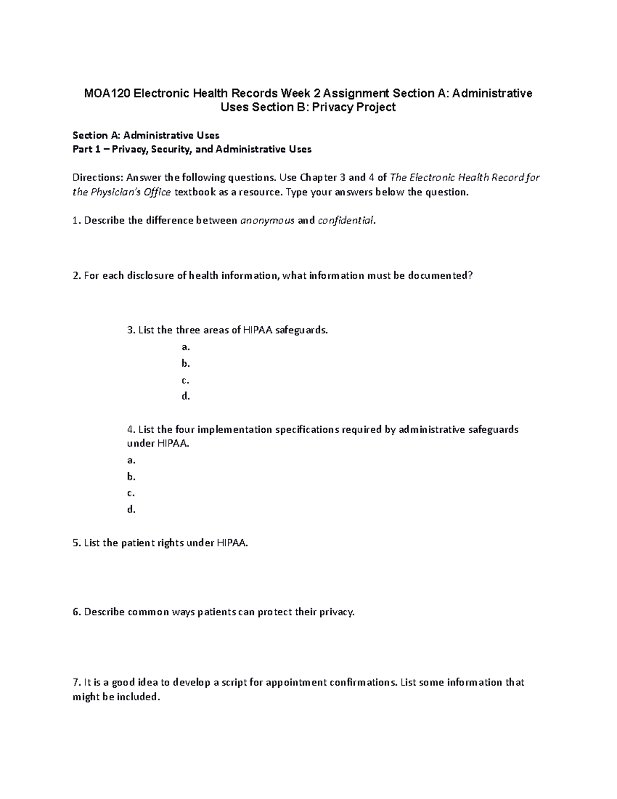 Week 2 Assignment Worksheet - MOA120 Electronic Health Records Week 2 ...