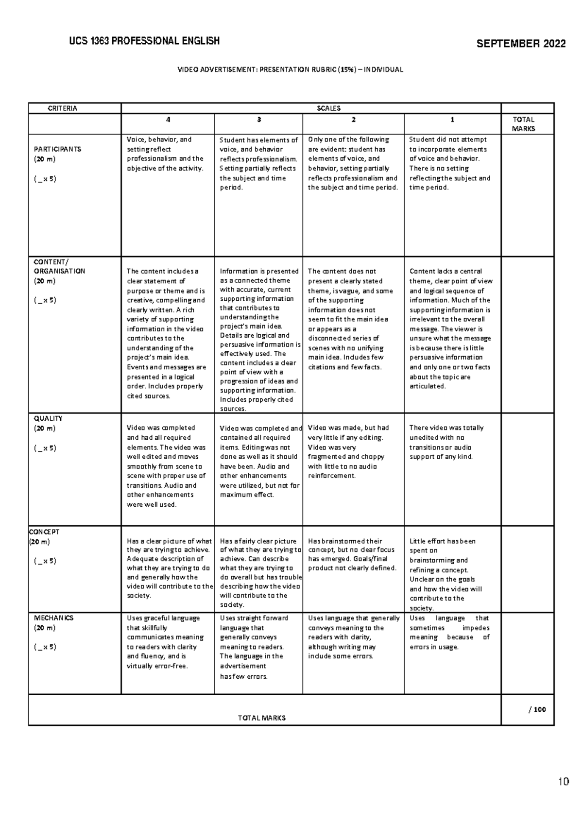 Assignment Rubrics Ucs1363 September 2022 - Ucs 1363 Professional 