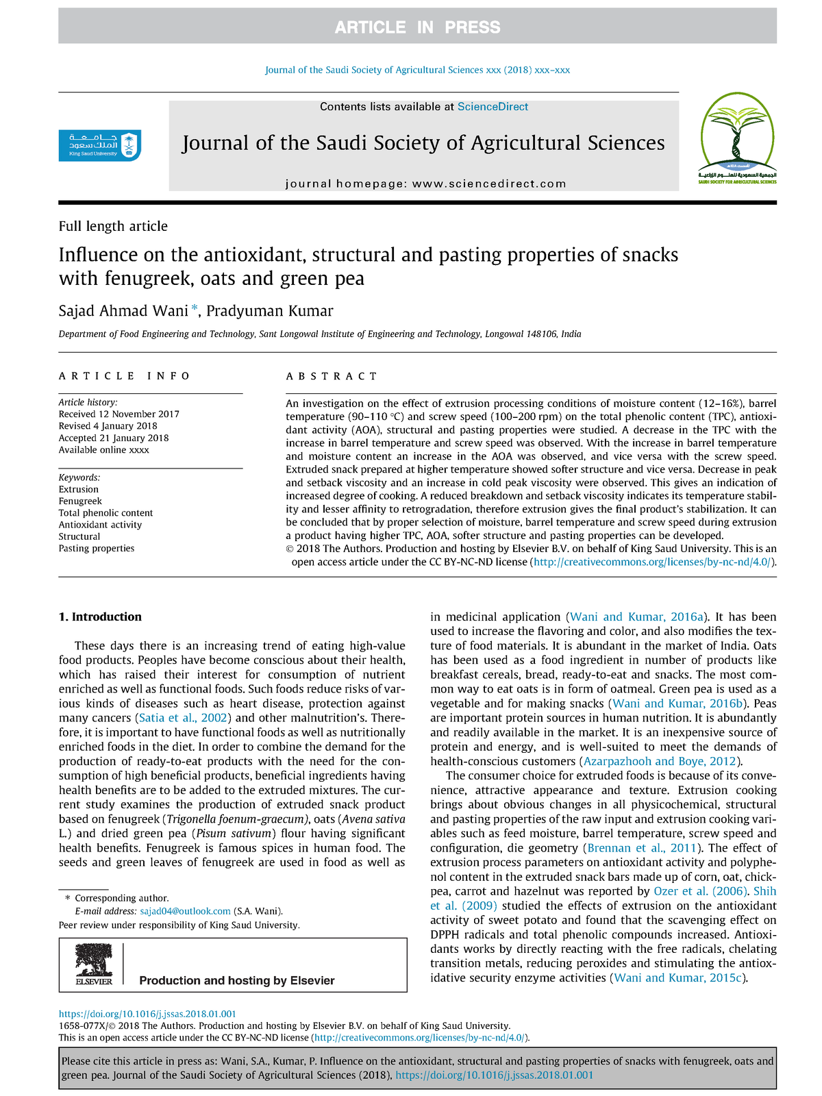 Wani2018 - Anti oxidant properties of snacks - Full length article ...