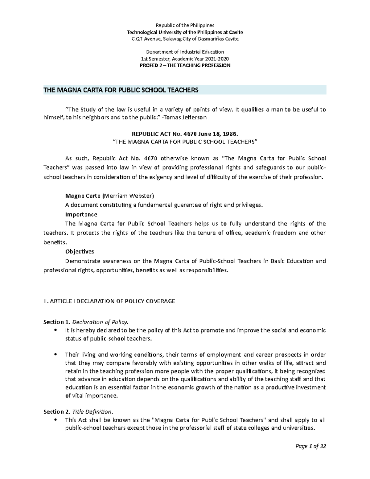 Profed 2 Reviewer Handout for Final Term - Bachelor of Science in ...