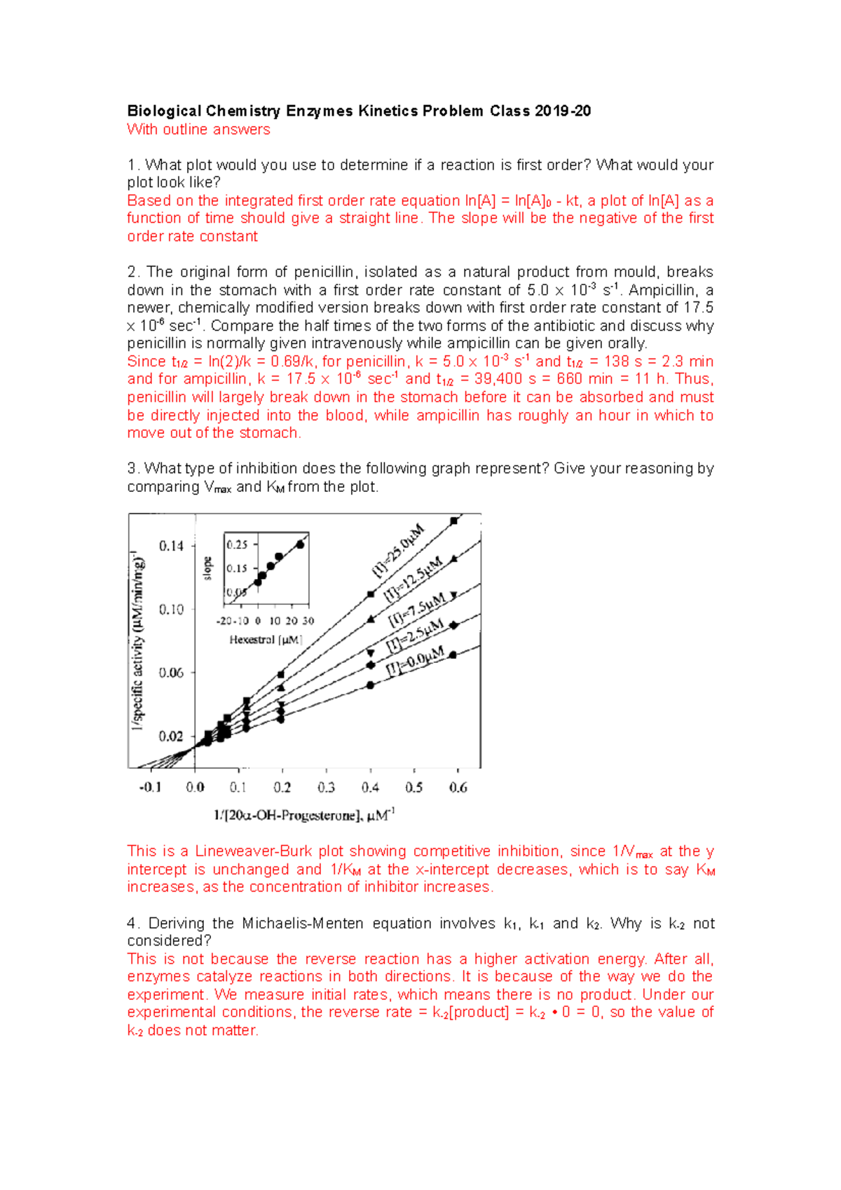 Kinetics problem class with outline answers - Biological Chemistry ...
