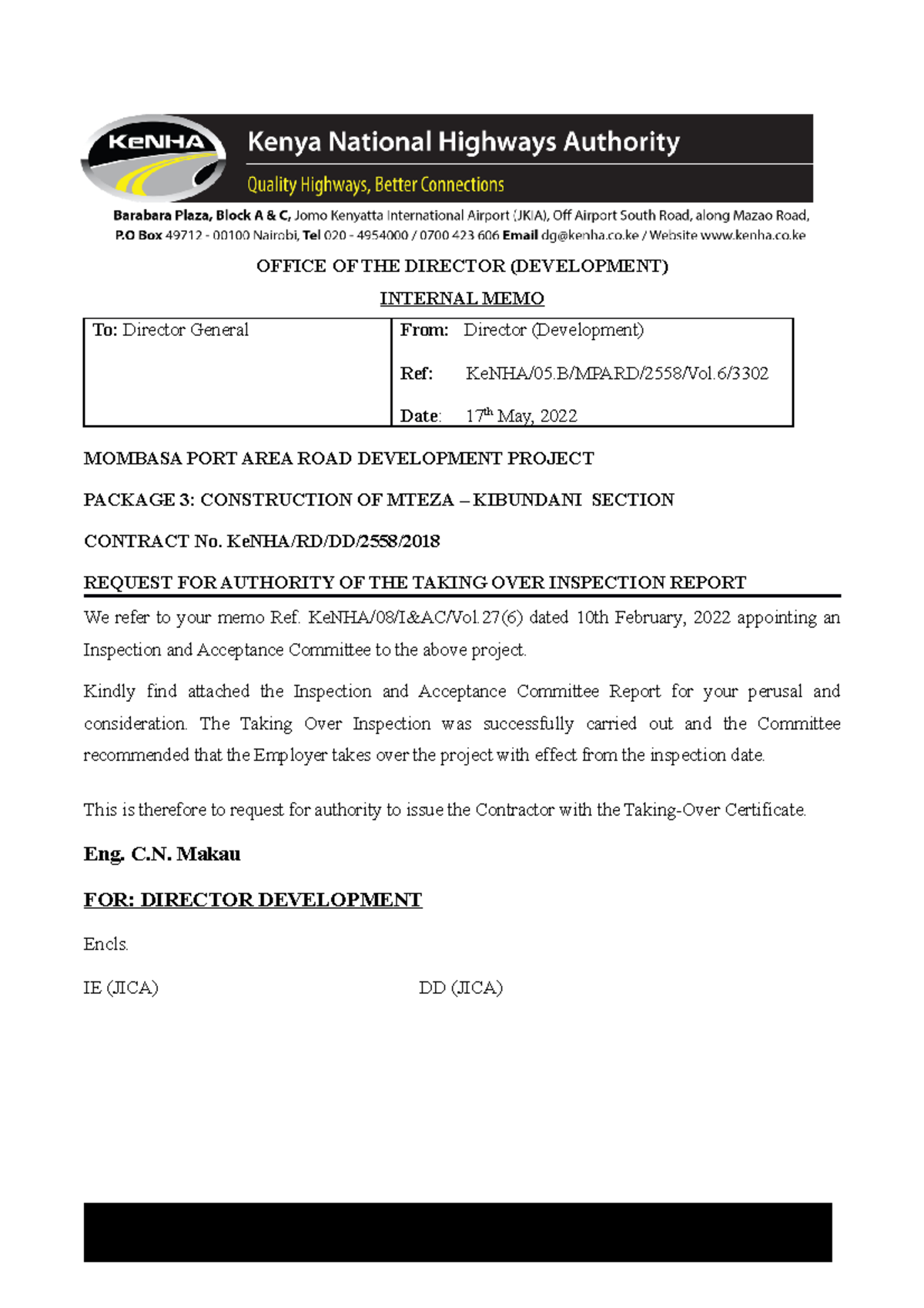 Memo to DG- Relocation of Waterpipe PK2 - OFFICE OF THE DIRECTOR ...