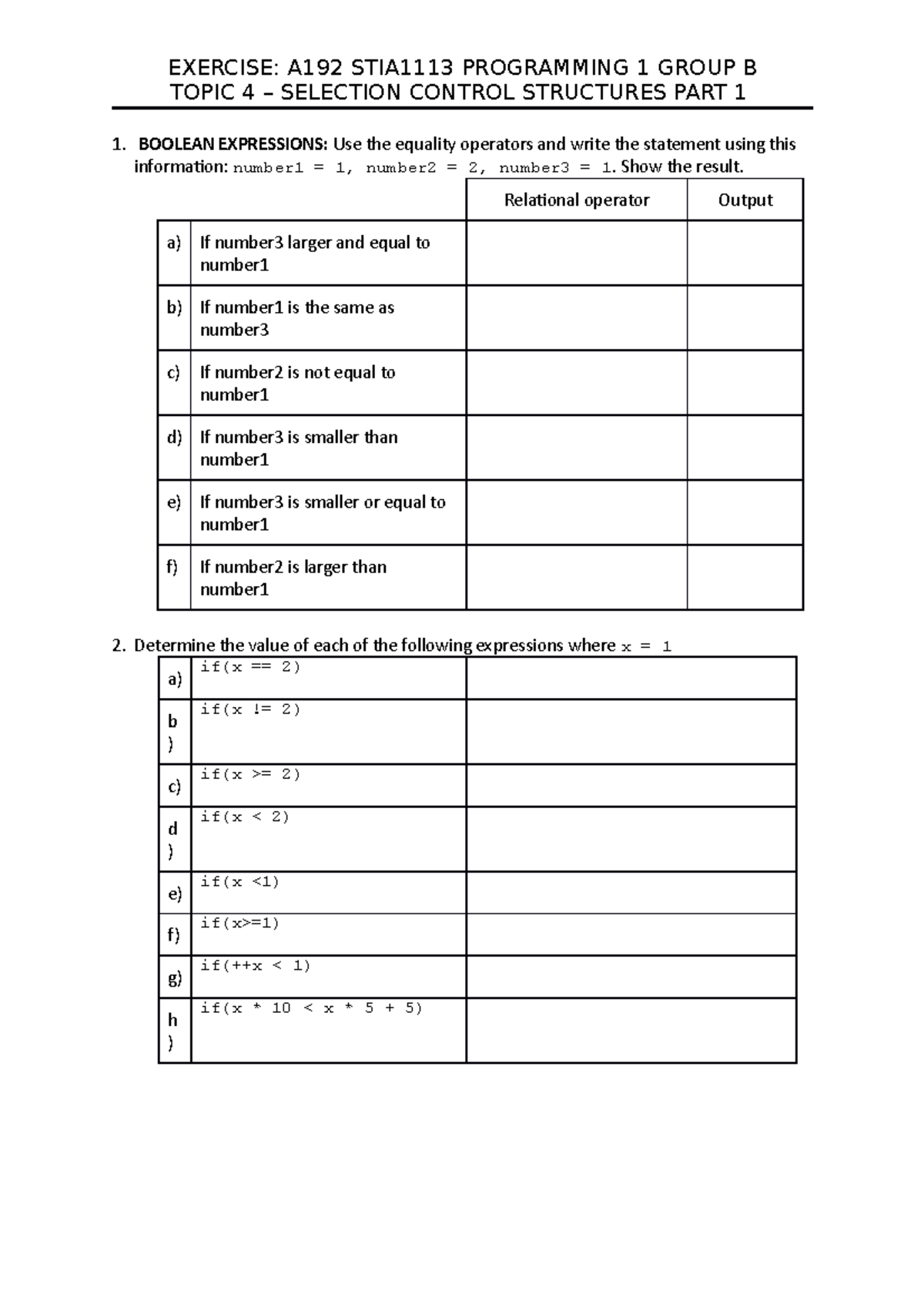STIA1113-Lab Exercise 4 - TOPIC 4 – SELECTION CONTROL STRUCTURES PART 1 ...