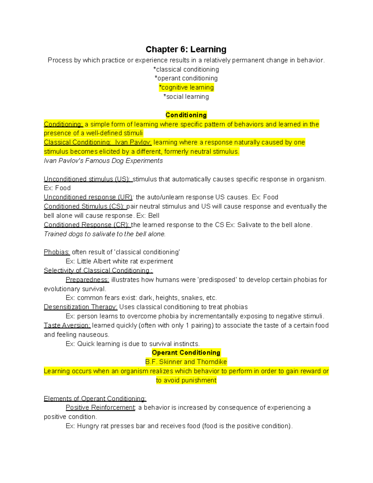 Psychology Notes Chapter 6-10- PSY 2012-29535 - Chapter 6: Learning ...