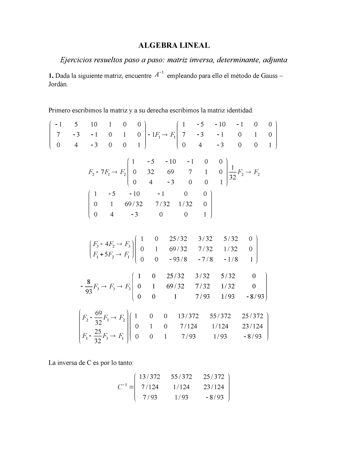 Algebra Lineal Ejercicios PASO A PASO Matriz Inversa Determinante ...