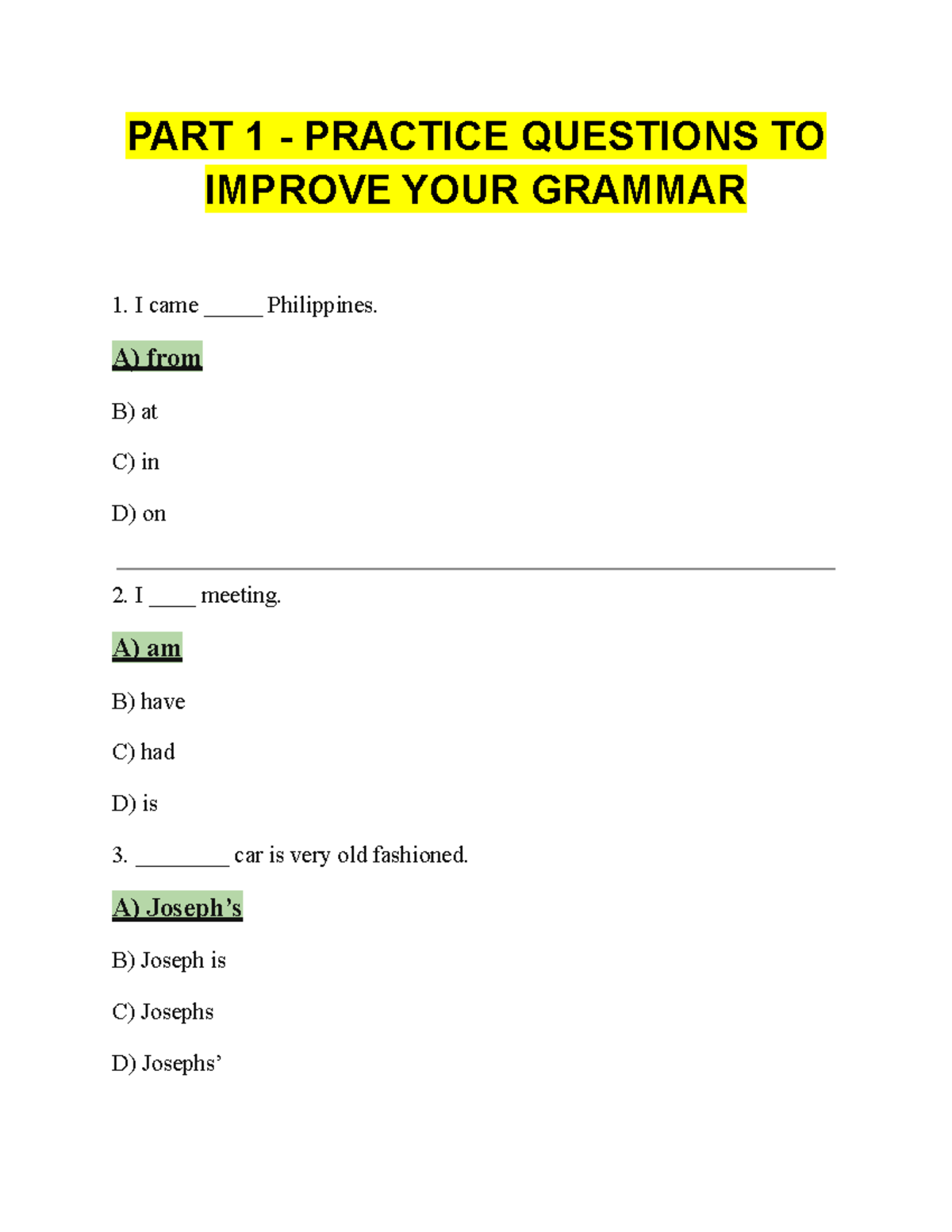 PART 1 - Practice Questions TO Improve YOUR Grammar - PART 1 - PRACTICE ...