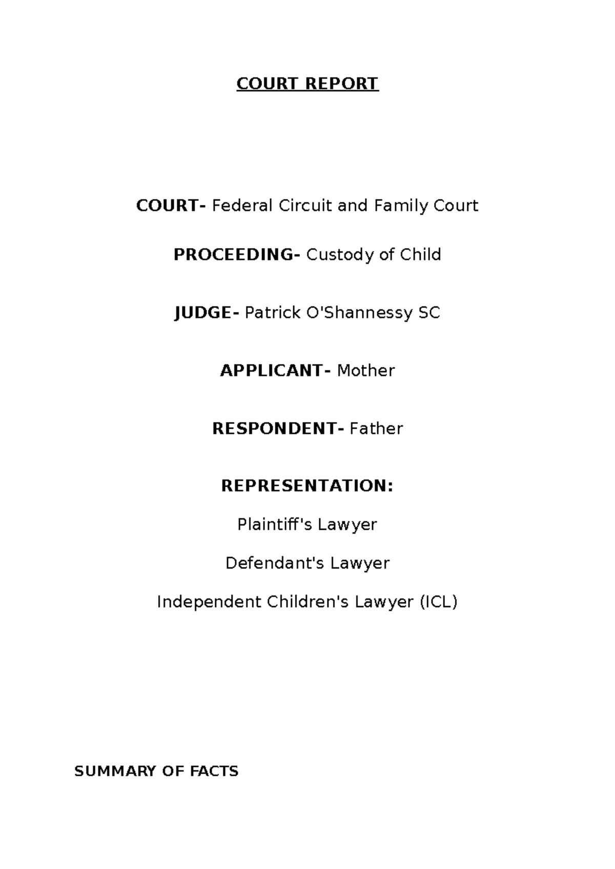 Court Report copy - COURT REPORT COURT- Federal Circuit and Family ...
