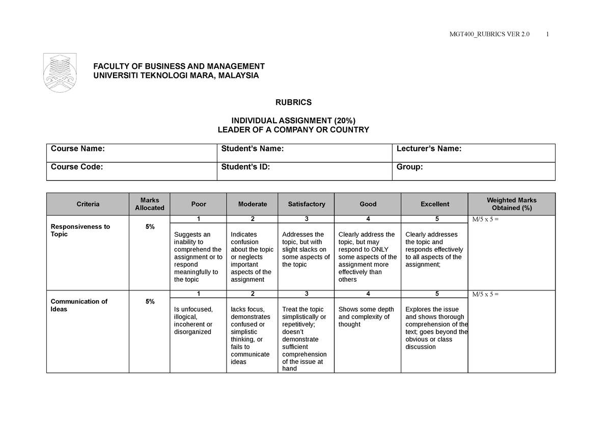 MGT400 Assignment Rubrics - MGT400_RUBRICS VER 2 1 FACULTY OF BUSINESS ...