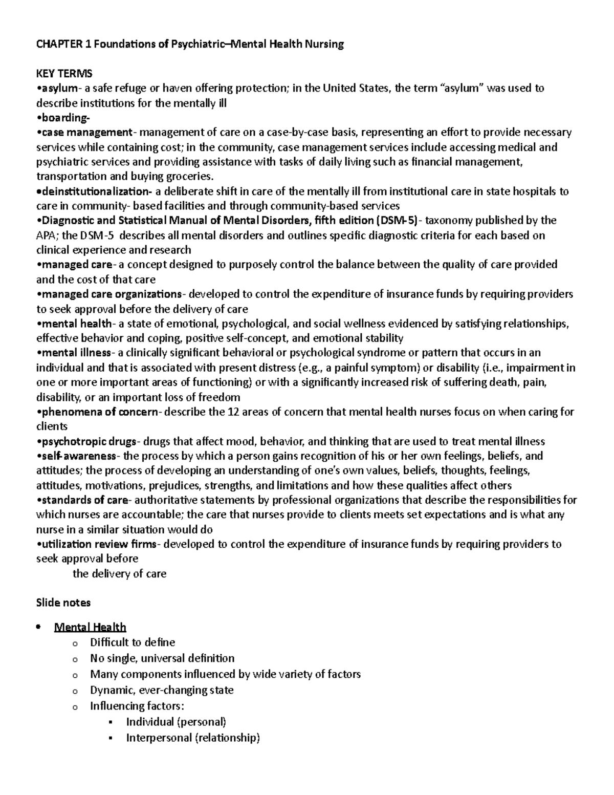 Chapter 1 notes - CHAPTER 1 Foundations of Psychiatric–Mental Health ...