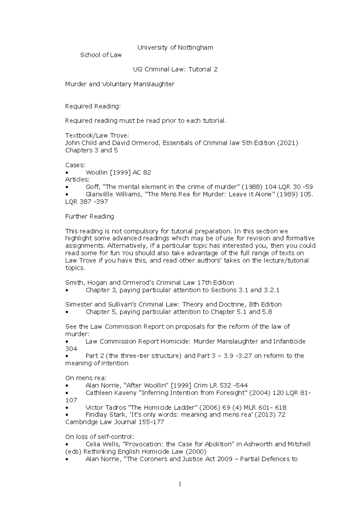 Criminal Law Tutorial 2 2024 University of Nottingham School of Law