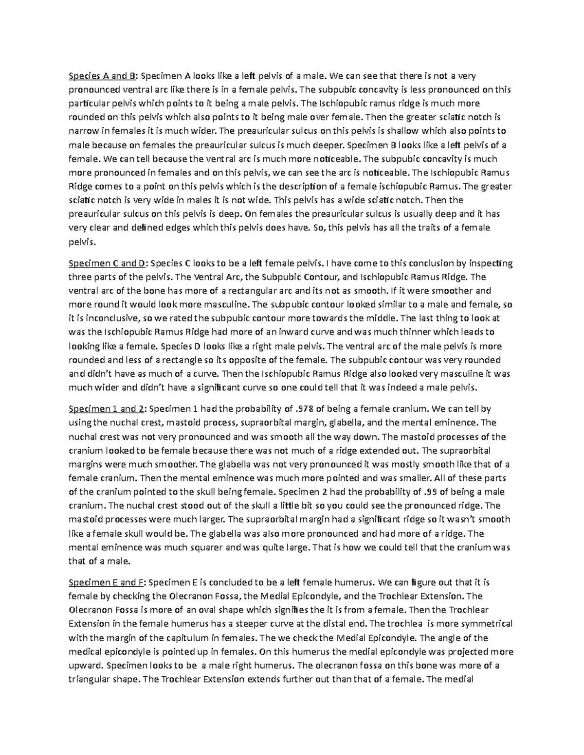 Sex Estimation Lab Important Species A And B Specimen A Looks Like A Left Pelvis Of A Male