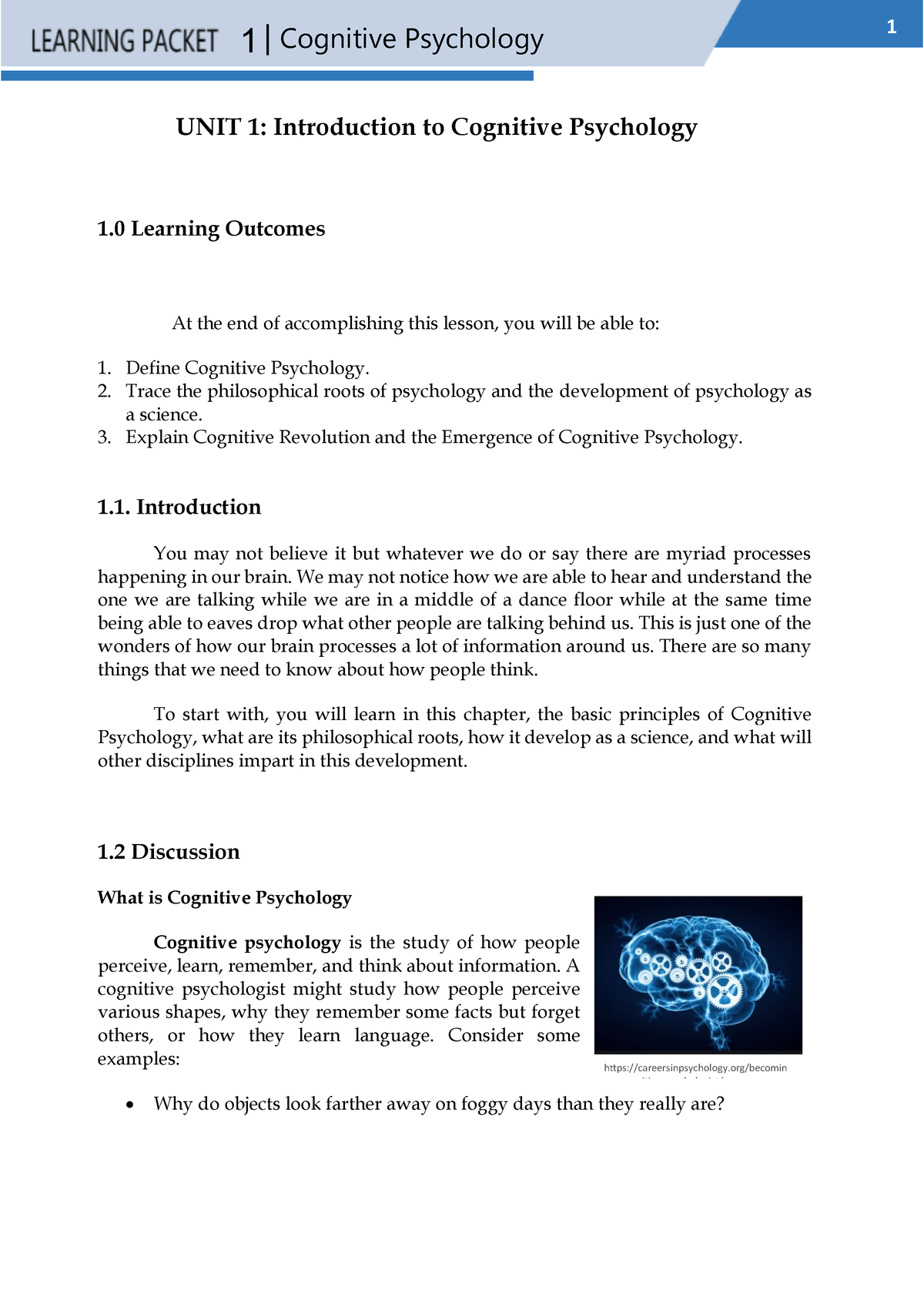 LP 1 Cognitive Psychology - 1 | Cognitive Psychology UNIT 1 ...