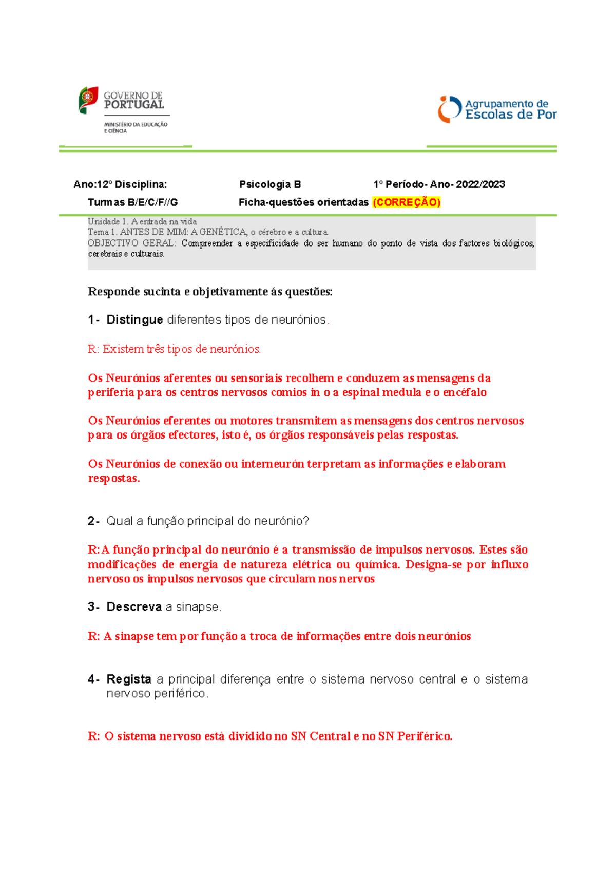 Ficha Orientada No 2 -O Cerebro Correcao Final - Ano:12º Disciplina ...