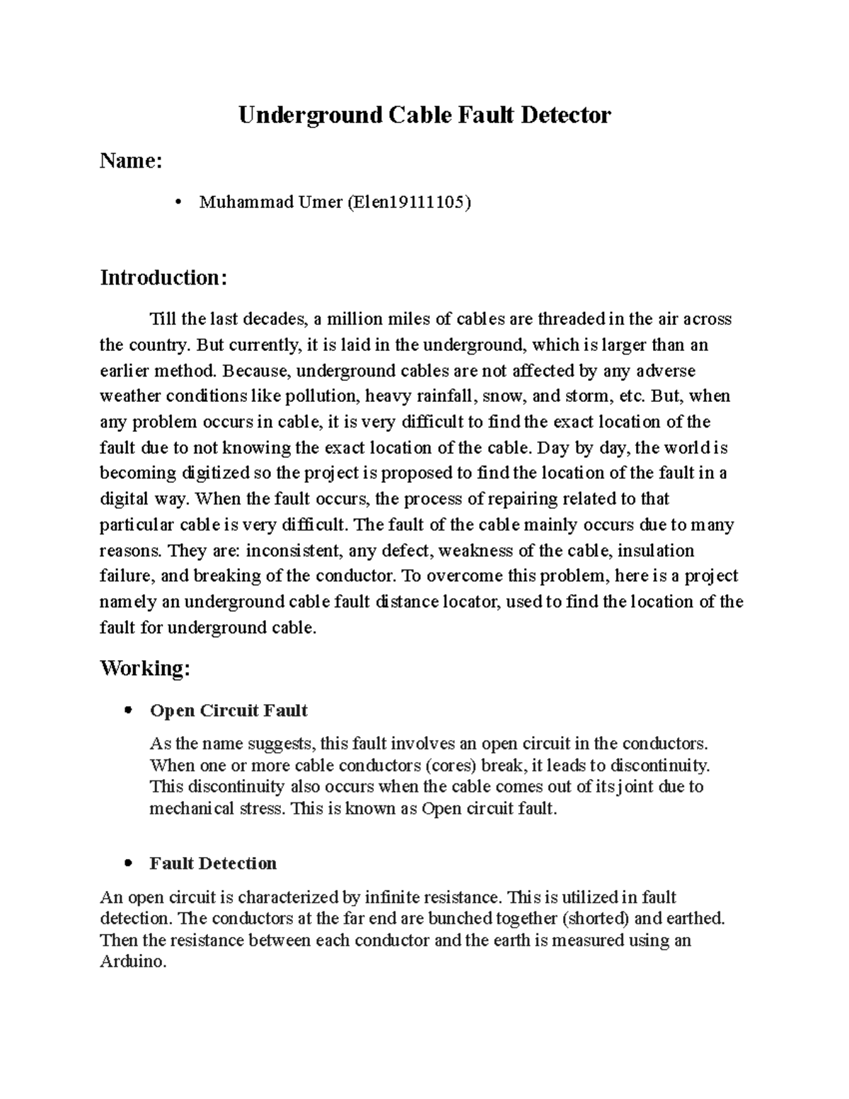 Project report for cable fault detector Underground Cable Fault