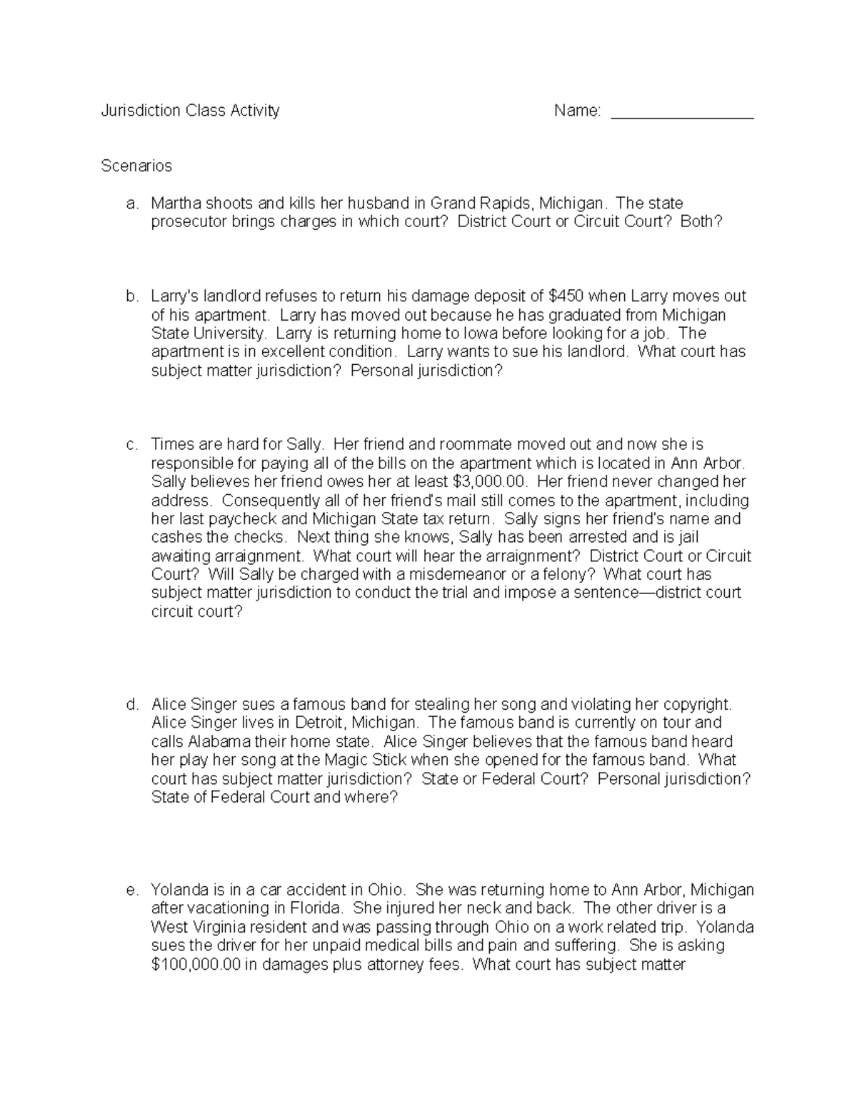 Jurisdiction Class Activity Part 2 - Jurisdiction Class Activity Name ...
