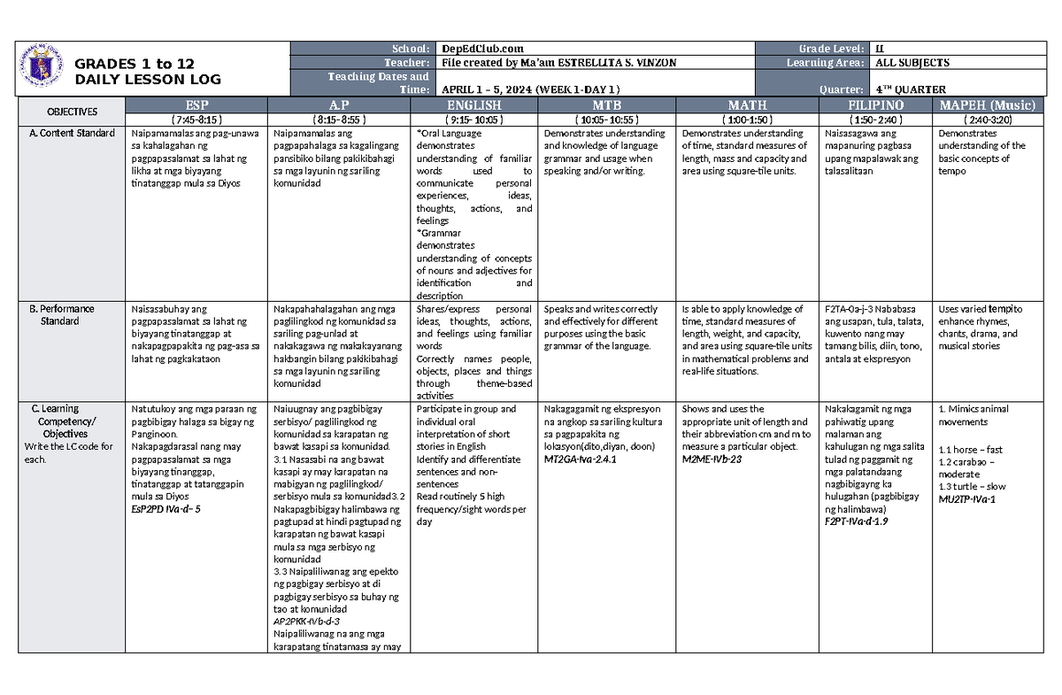 Dll All Subjects 2 Q4 W1 D1 Grades 1 To 12 Daily Lesson Log School Depedclub Grade Level Ii 9249