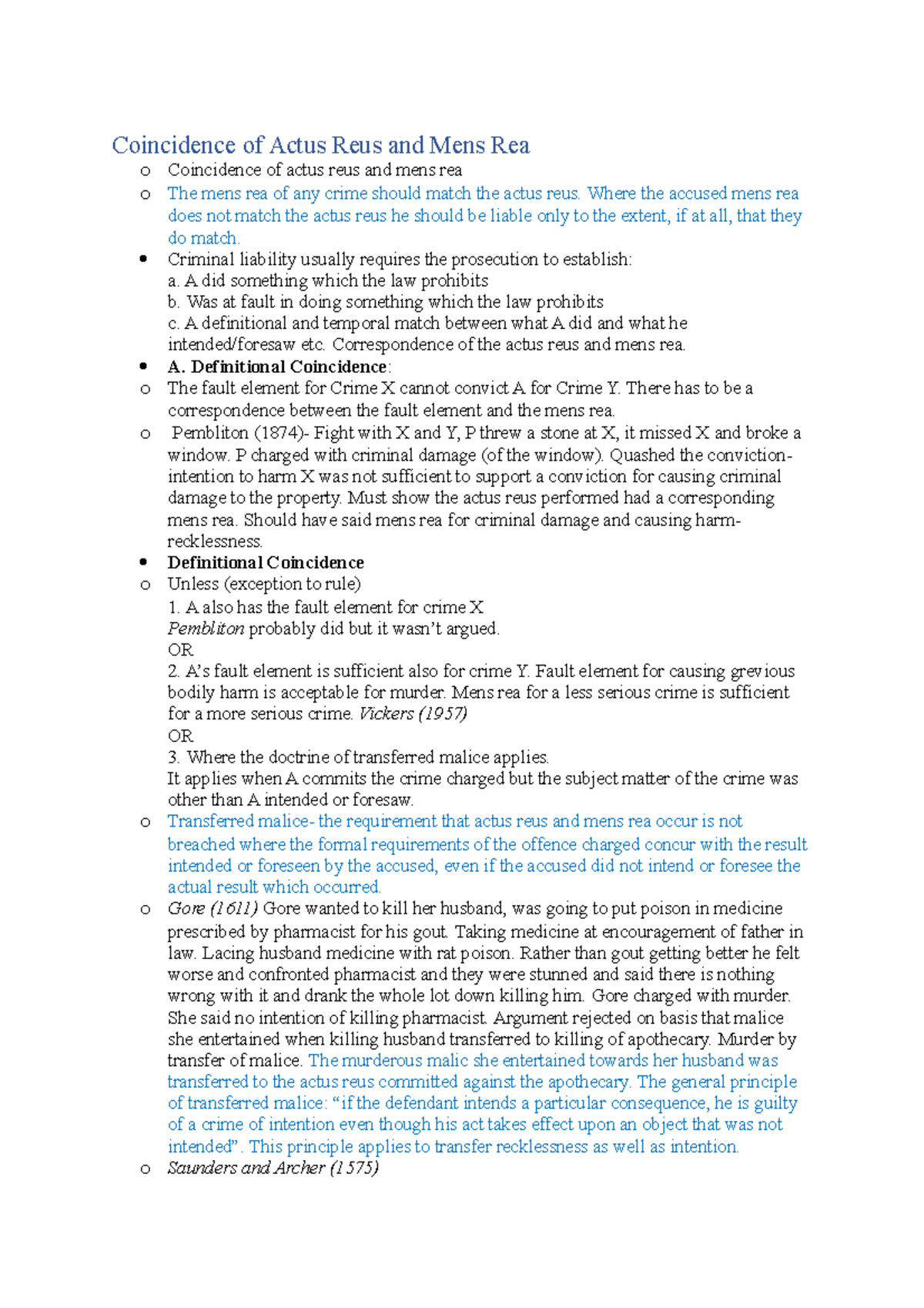Coincidence Of Actus Reus And Mens Rea Where The Accused Mens Rea Does Not Match The Actus 