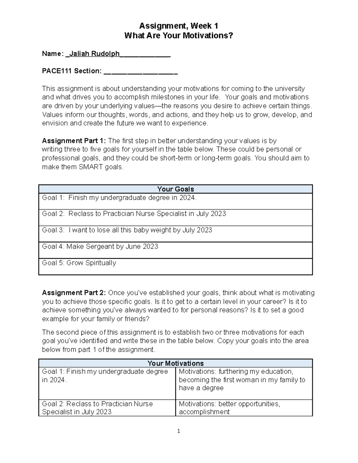 Week 1 Assignment Pace - Assignment, Week 1 What Are Your Motivations ...