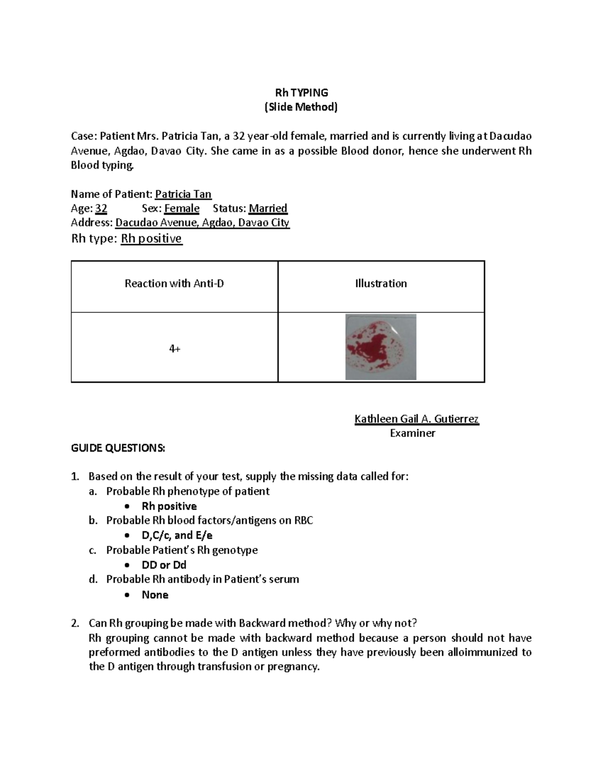 Rh Typing - Rh TYPING (Slide Method) Case: Patient Mrs. Patricia Tan, a ...