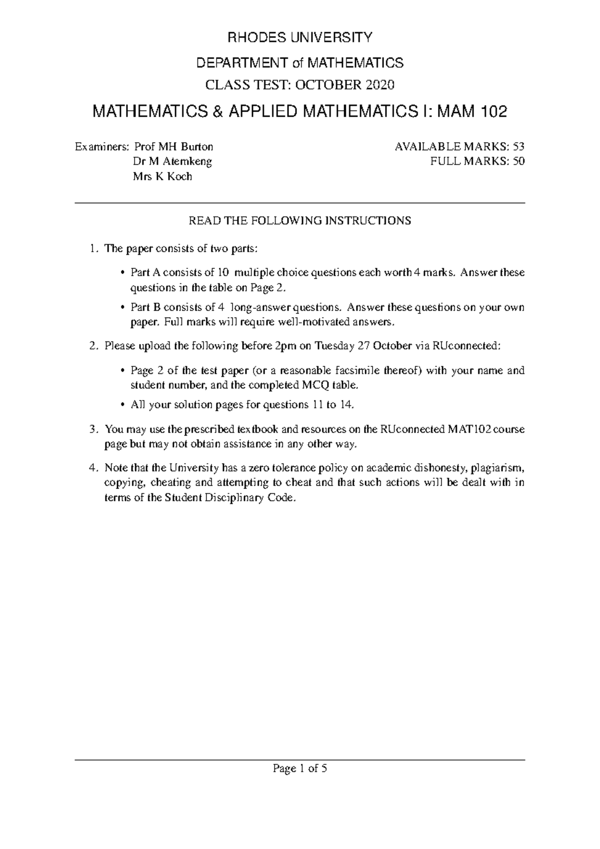 M102 test oct 2020 - Mathematics & applied mathematics 102 october 2020 ...