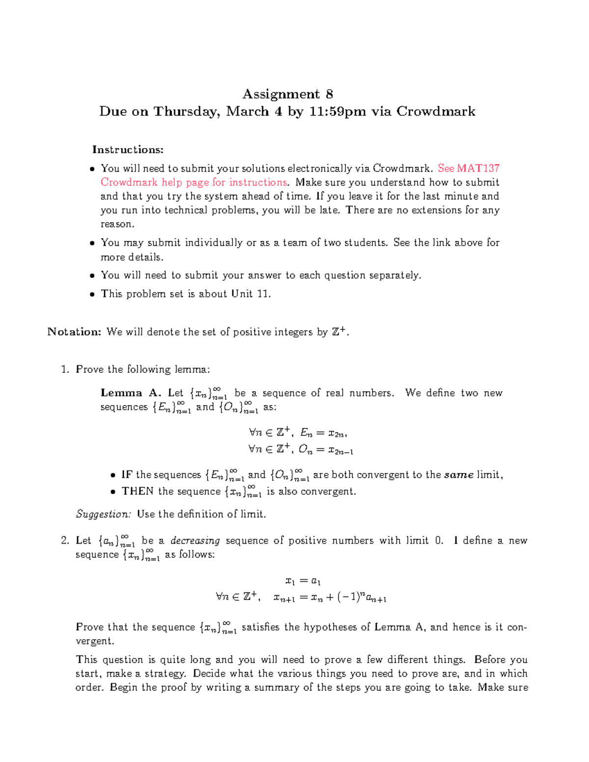 MATH 31 Assignment 8 - MAT 137Y: Calculus With Proofs Assignment 8 Due ...