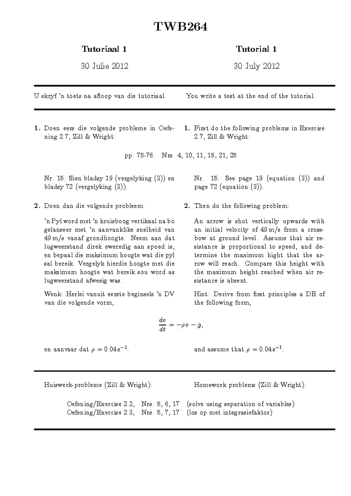 Applied Maths B264 Tut 1 2012 - TWB264 Tutoriaal 1 Tutorial 1 30 Julie ...
