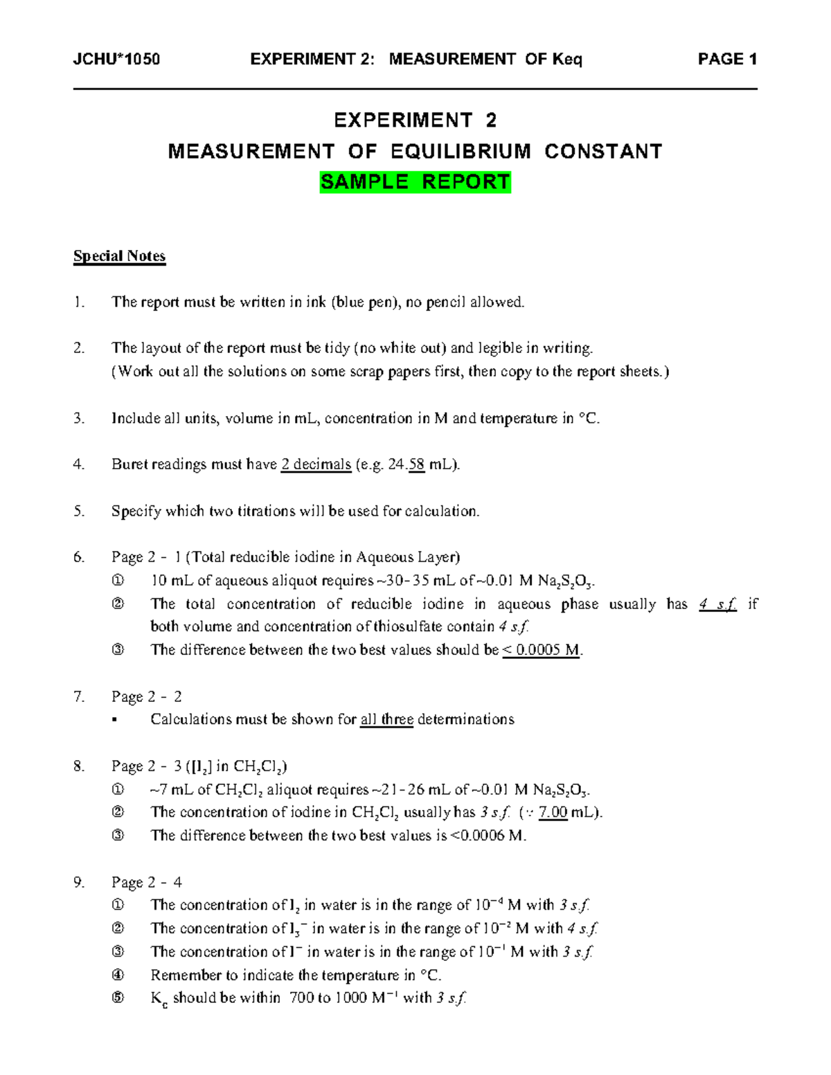 Lab 1 lab report EXPERIMENT 2 MEASUREMENT OF EQUILIBRIUM CONSTANT