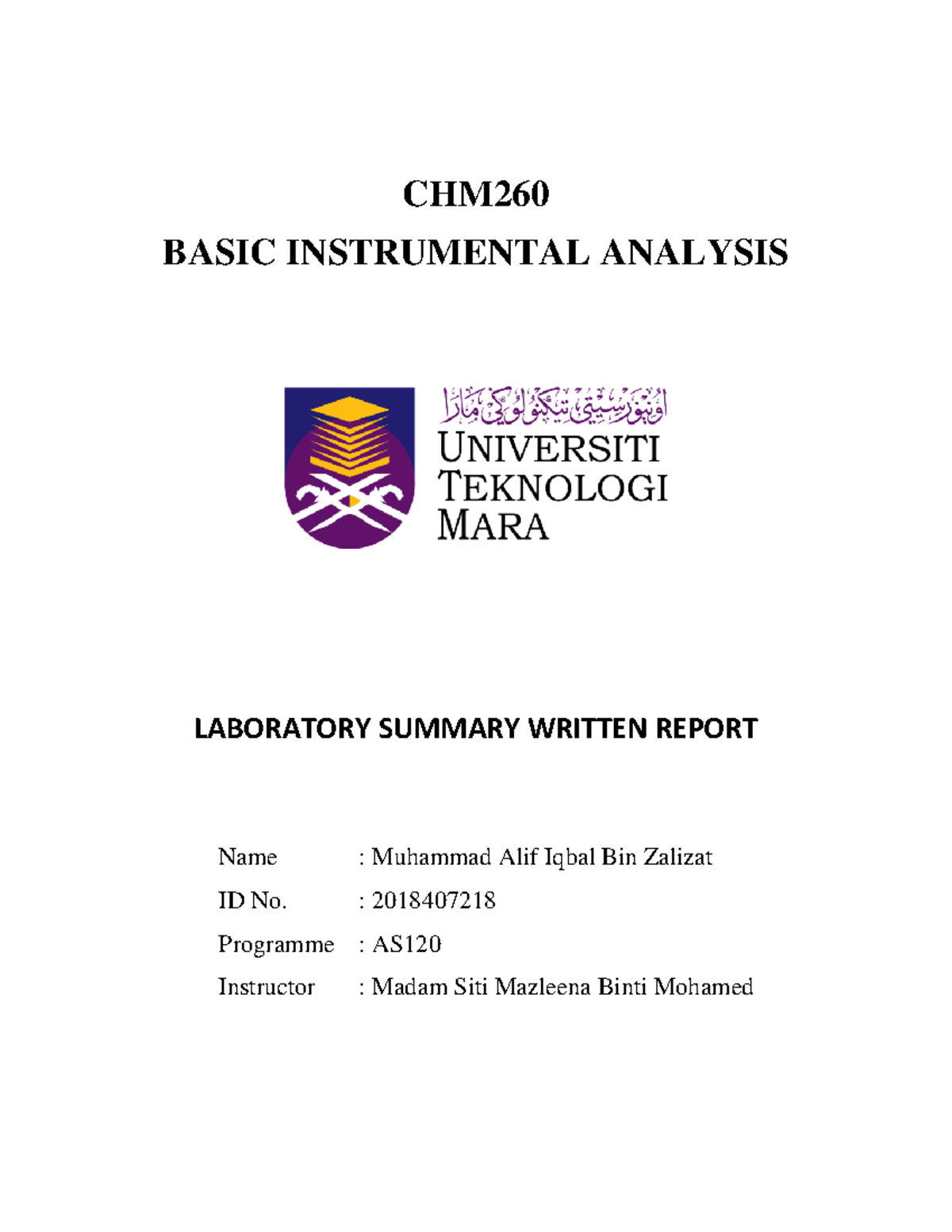 Exp 2 Chm260 - Lab Report - Basic Instrumental Analysis - UiTM - Studocu