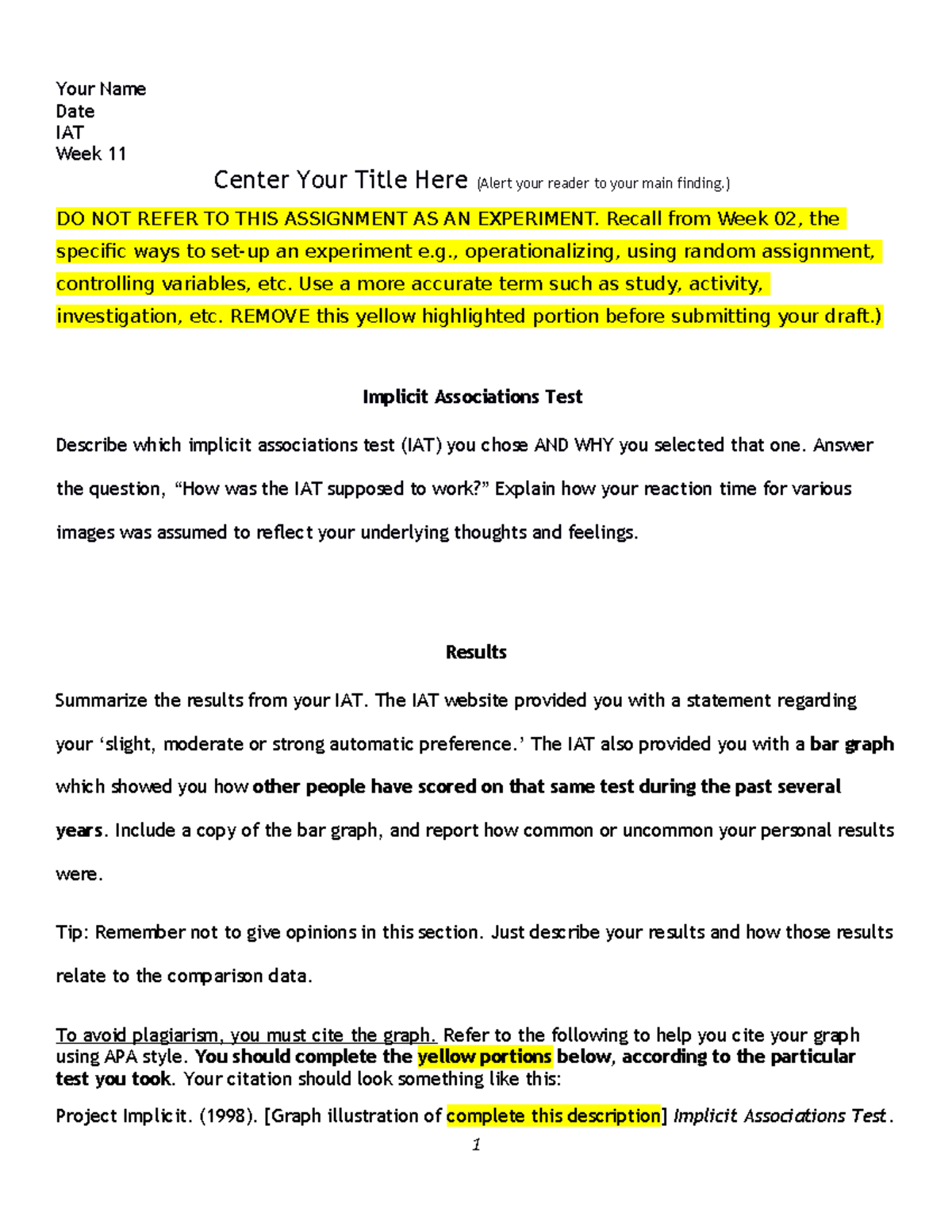 Psych 111 document w11 Field Report Template - Your Name Date IAT Week ...