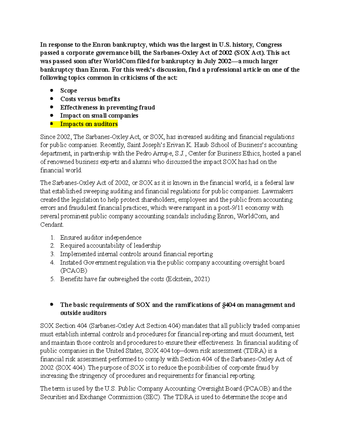 5-1 Discussion The Sarbanes-Oxley Act of 2002 - ACC405 - SNHU - Studocu