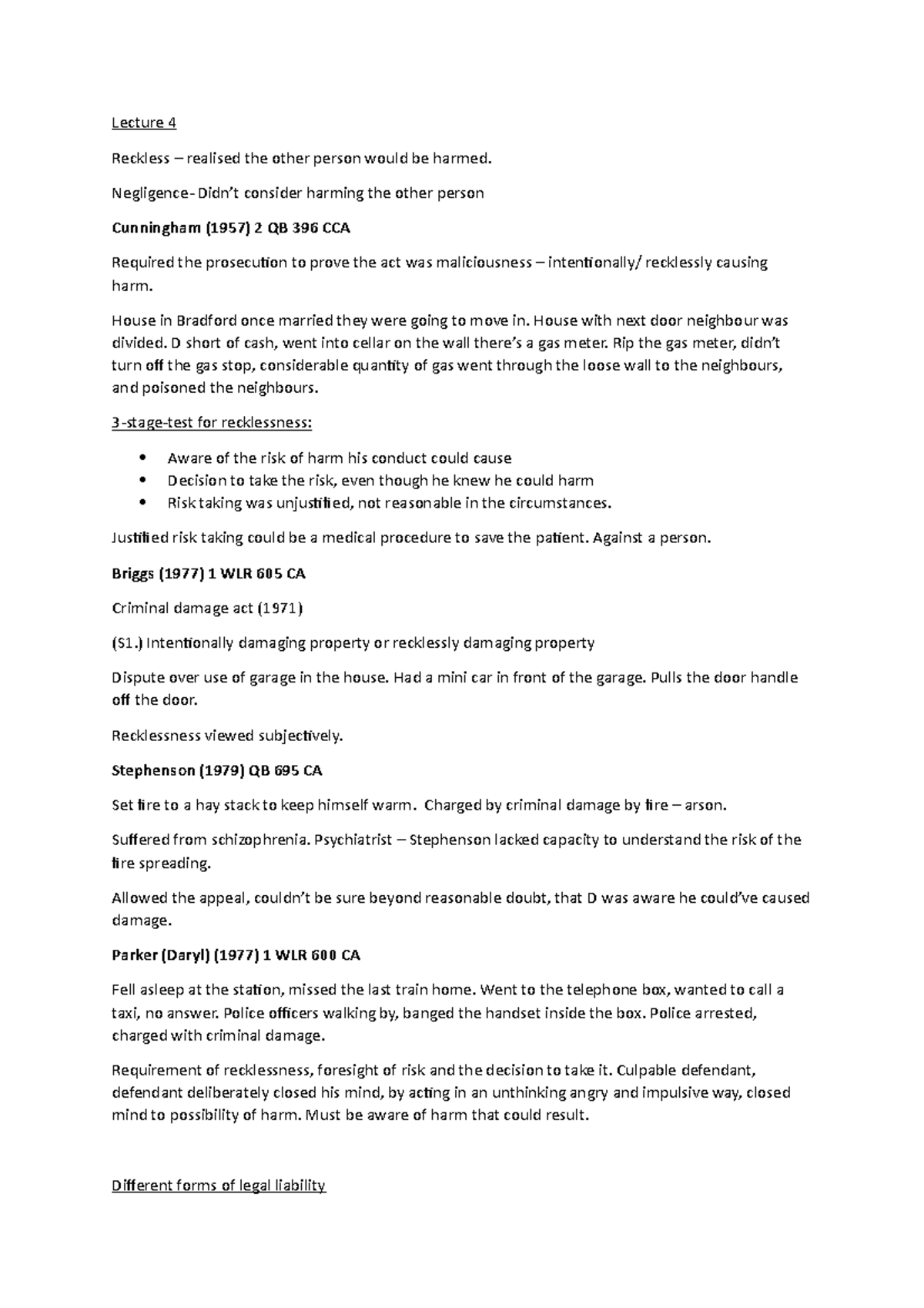 Lecture 4 - recklessness - Lecture 4 Reckless – realised the other ...