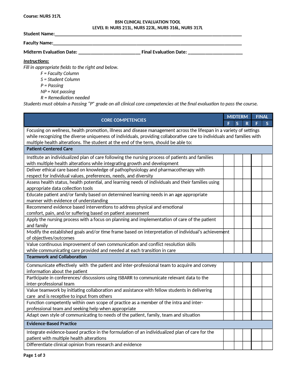 NURS 317L - BSN Clinical Evaluation Tool - Level II - Course: NURS 317L ...