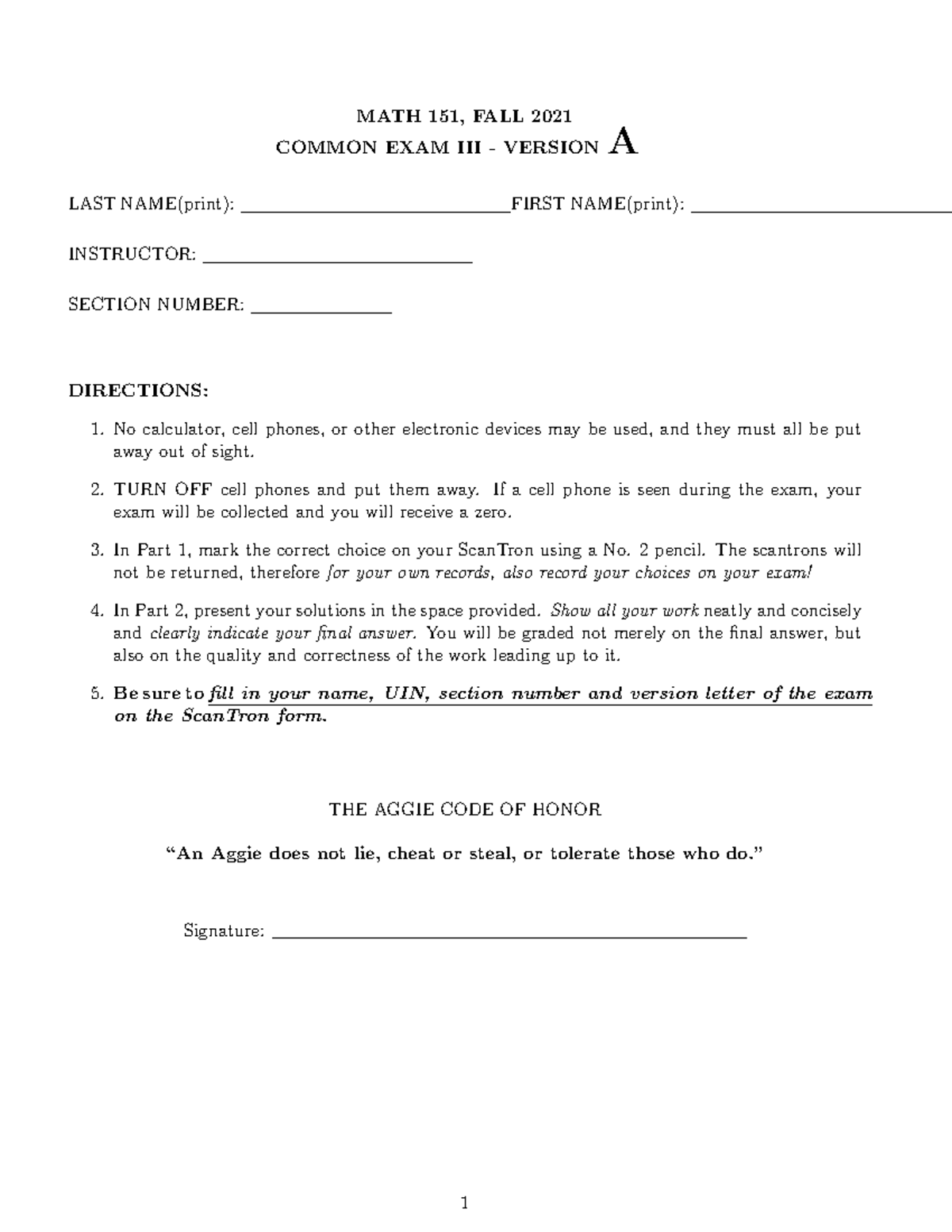 151 Exam3A 2021C - practice exam - MATH 151, FALL 2021 COMMON EXAM III ...
